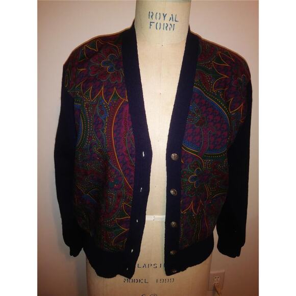 Vintage RALPH LAUREN Navy Blue 100% Wool & Paisley Print Cardigan Sweater M - Picture 5 of 6